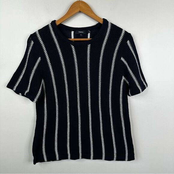Theory Emmeris Ibisco Sweater Womens M Navy Striped Cotton Knit Short Sleeve Top - Picture 2 of 9